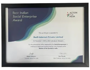 Action for India Best Indian Social Enterprise Award certificate